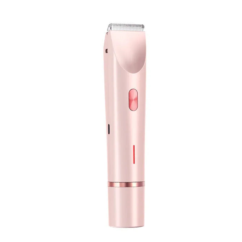 Pink women's electric razor and trimmer with two heads, USB cable, and brush on a white background.
