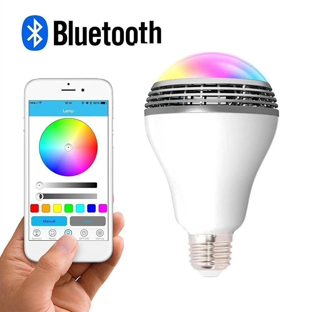 Creative Home LED Smart Bluetooth Speaker E27 Bulb showing 100mm diameter, RGB+W colours, and E27 fitting