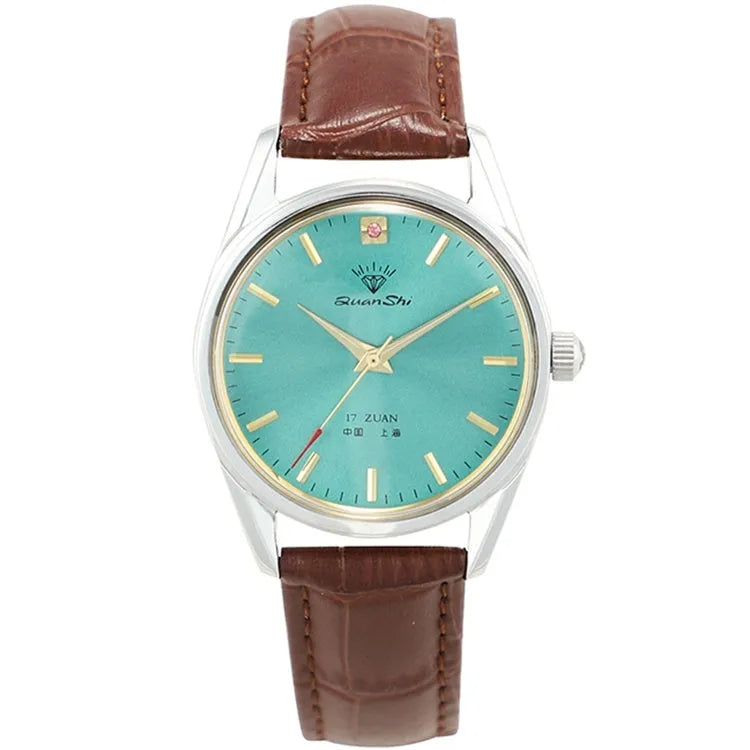 Shanghai Diamond Brand men's watch with 38mm green dial showing four strap options