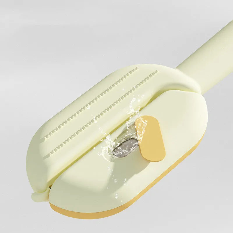 Pet comb with water tank for floating hair removal, 21cm length, available in blue, green, and yellow colours
