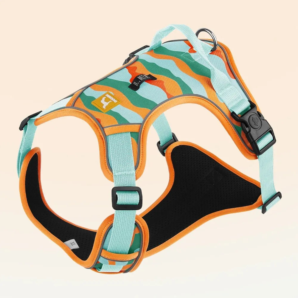 Adjustable dog harness with reflective strips on Oxford cloth, available in orange, army green, grey, and chocolate colours.