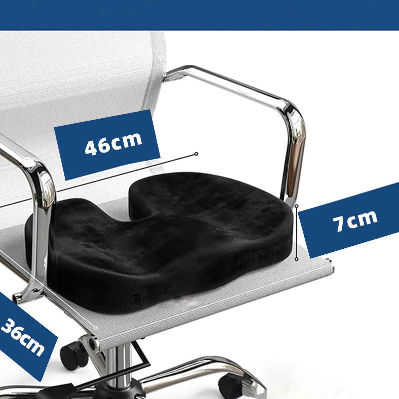 Black U-shaped memory foam seat cushion for office chairs, showing removable flannel cover.