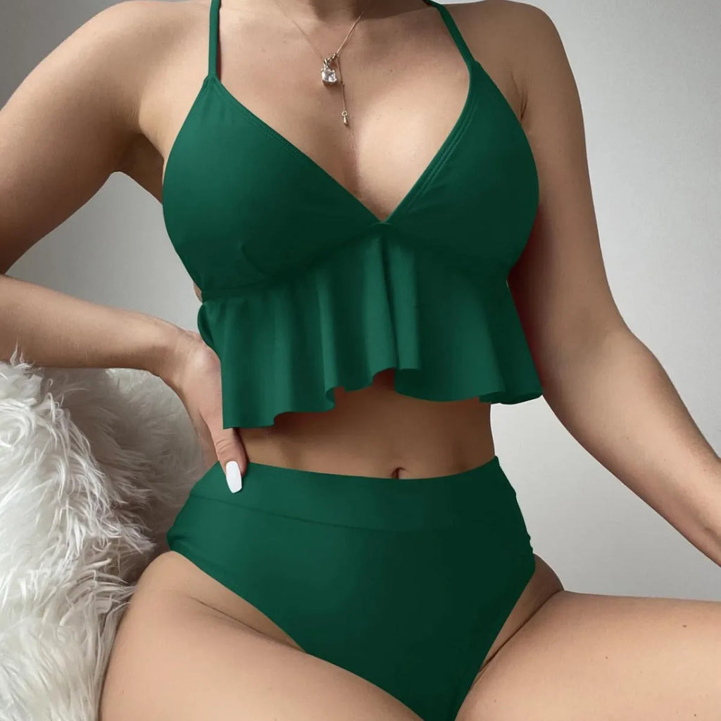 Women's solid colour split bikini swimsuit in polyester with spandex, shown in Army Green.