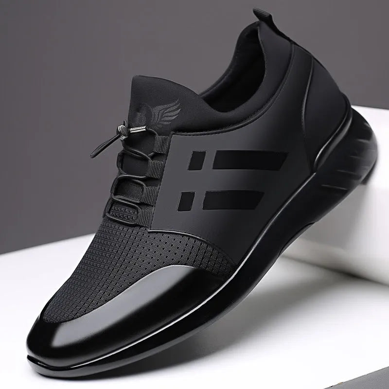 Men's black height increasing shoes with genuine leather or mesh upper, round toe, and chunky heel in sizes 37-48
