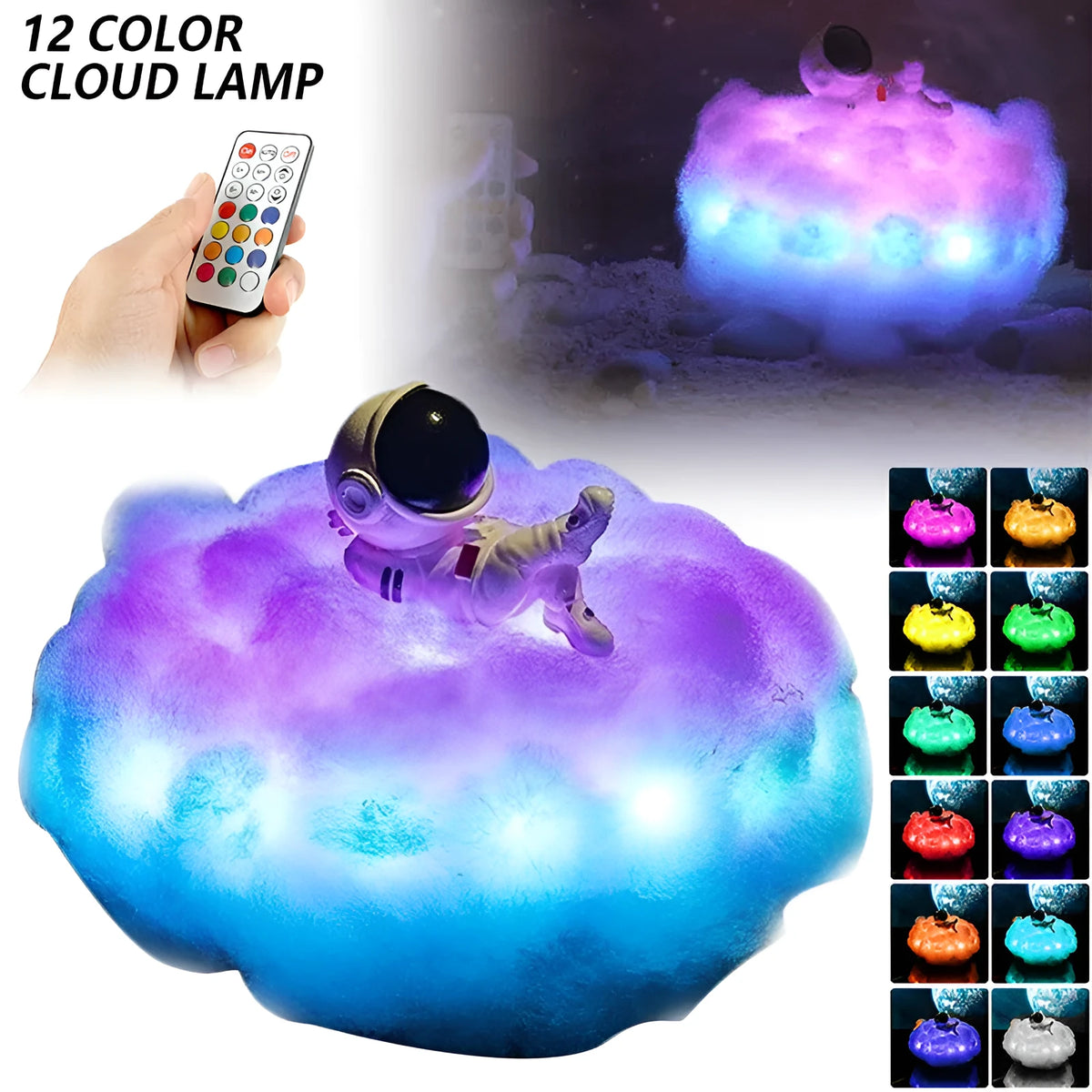 LED astronaut cloud lamp with colour-changing rainbow effect on a wooden stand, 15 x 20cm night light for kids