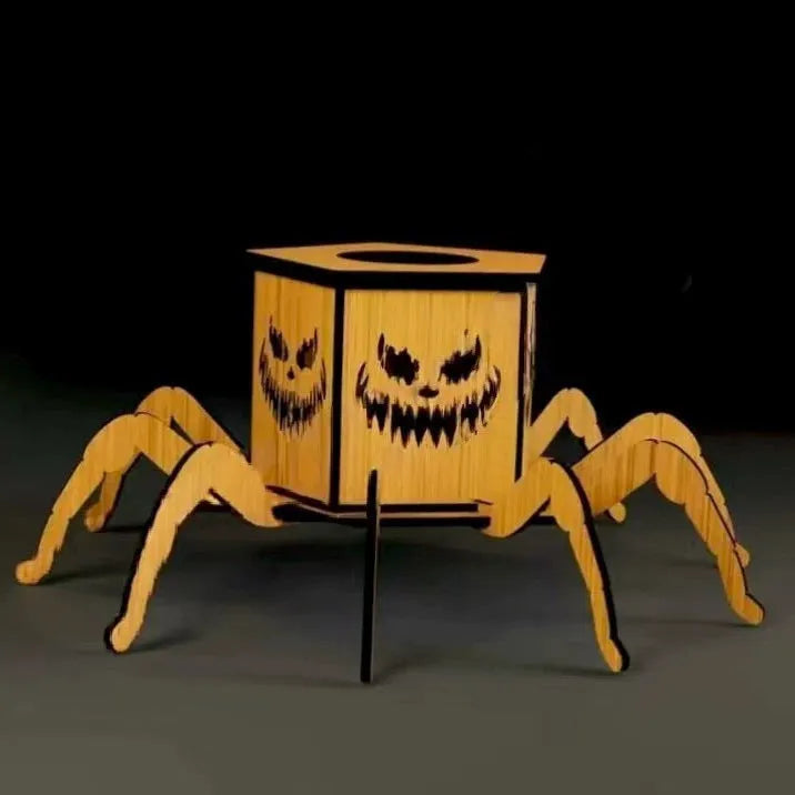 Wooden spider silhouette candlestick measuring 21cm tall with 8.5cm base for Halloween decorations
