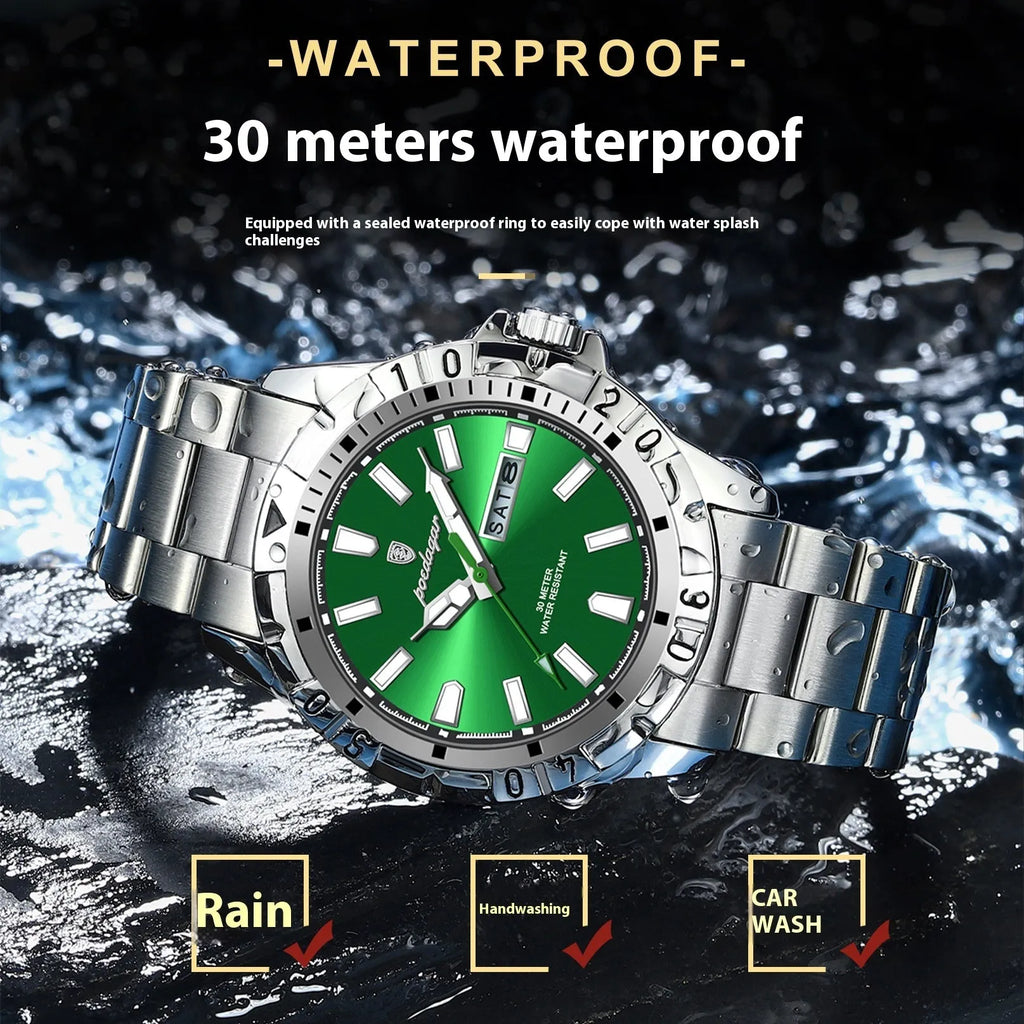 Swiss men's waterproof luminous casual watch with silver case and green dial, 6mm thickness