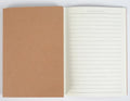 Thread bound soft cover notebook with leather-look paper in 16K and 32K sizes showing different page ruling options.