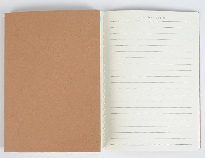 Thread bound soft cover notebook with leather-look paper in 16K and 32K sizes showing different page ruling options.