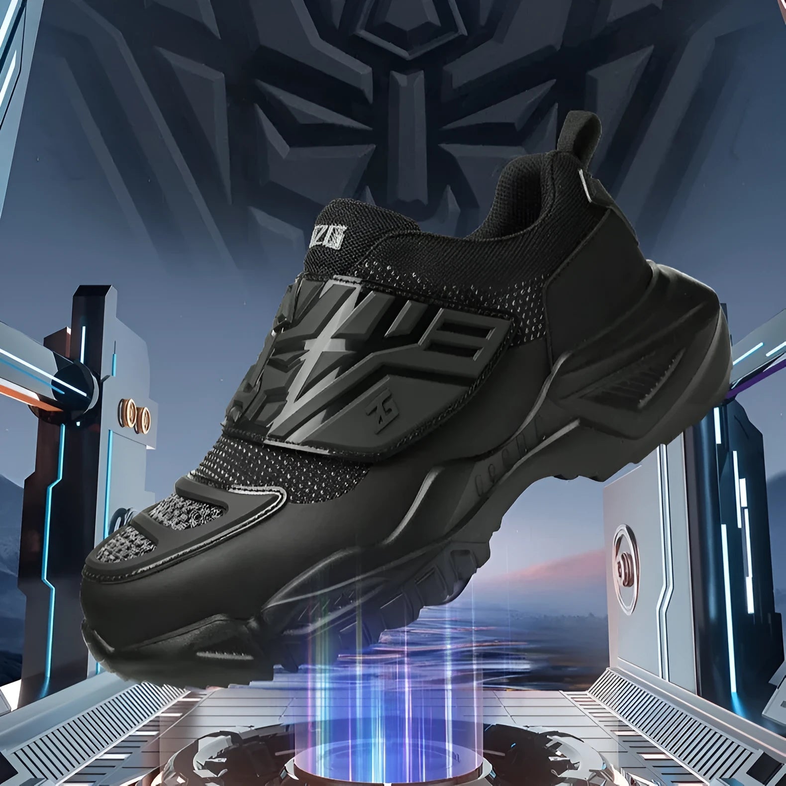 Black safety work shoes with steel toe cap, felt buckle closure, and anti-puncture sole for industrial use