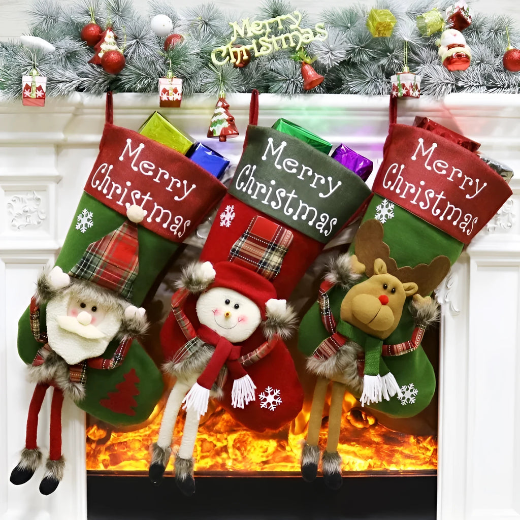 Three large Christmas stockings with Santa, Snowman, and Reindeer 3D applique designs in non-woven fabric