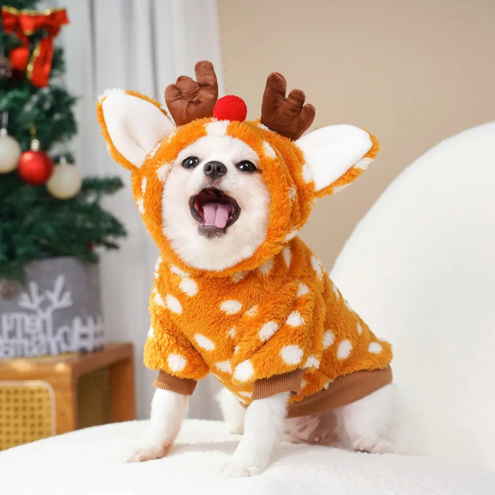 Small dog wearing elk antler Christmas costume with fleece lining and festive design