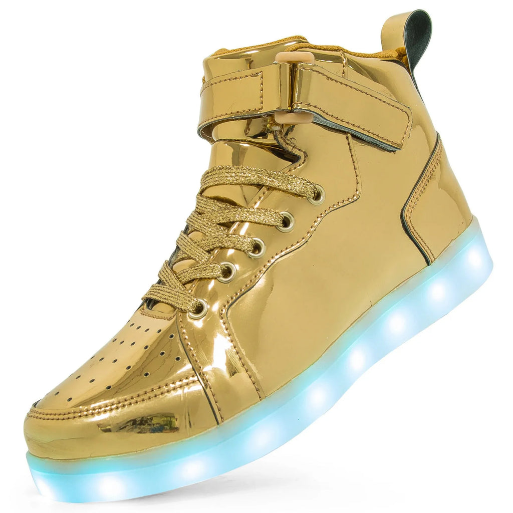 LED high-top shoes with illuminated soles in black colour showing Velcro fastening and rubber sole