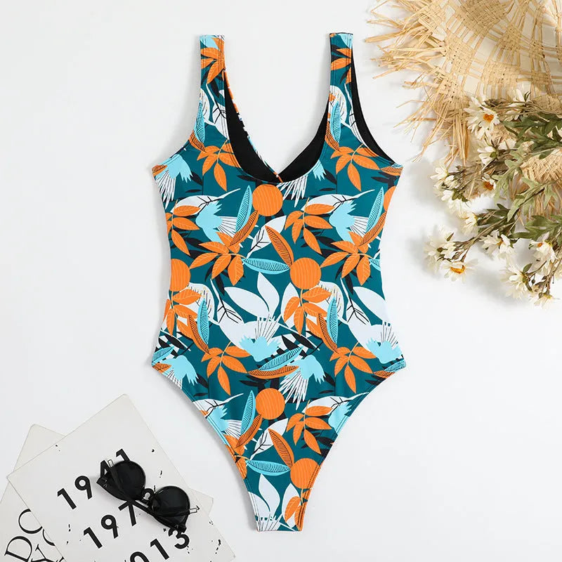 Women's high-waist one-piece swimsuit in printed pattern with quick-dry polyester fabric