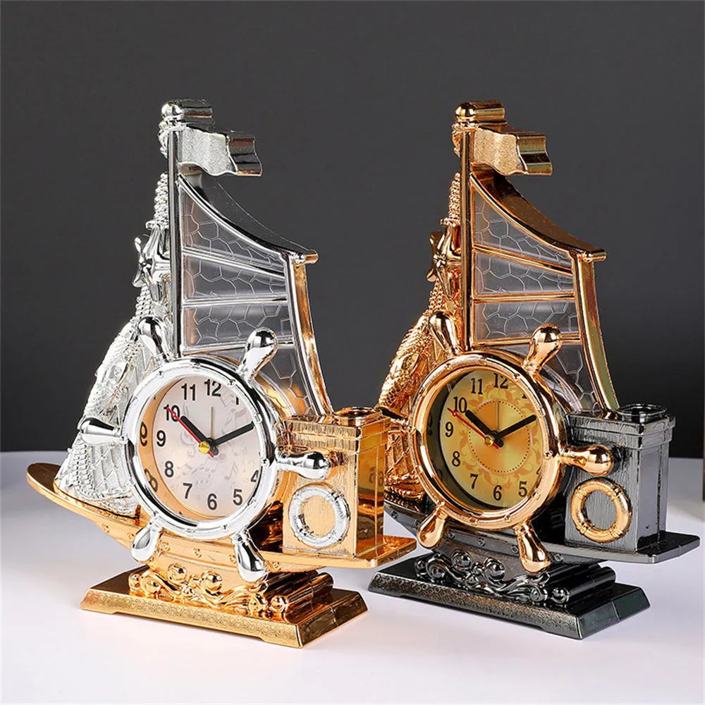Fashion bedroom clock in gold or silver finish showing 22.6cm width and compact design