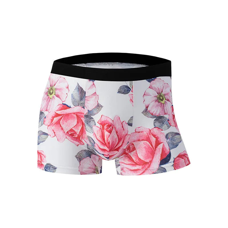 Men's ice silk underwear with fashion printing in polyester fabric showing breathable mid-waist design