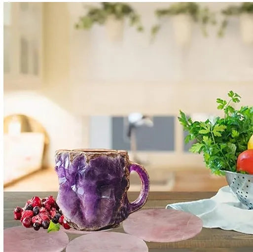 Resin mineral crystal coffee mug with 400ml capacity and 3D crystal structure in purple colour