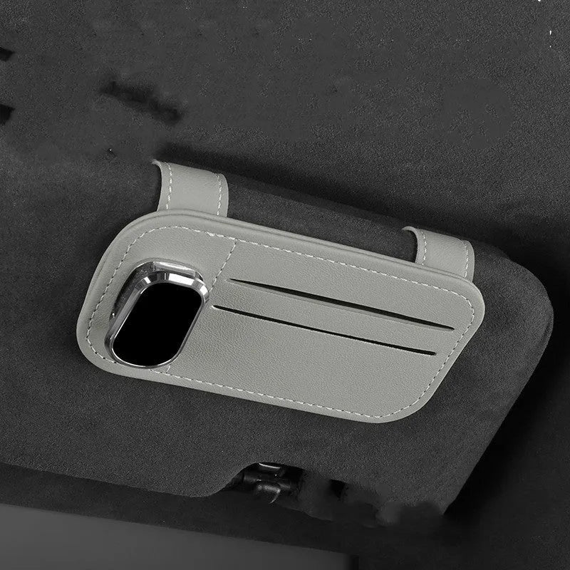 Automotive sun louver storage multifunctional card holder in first-layer cowhide with snap-on installation and glasses clip