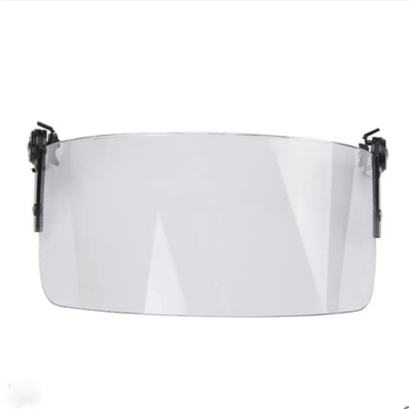 Transparent polycarbonate safety helmet visor with guide rail mounting, 30cm by 15cm