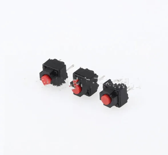 Waterproof micro tactile switch with aluminium alloy housing and pin terminals for PCB mounting.