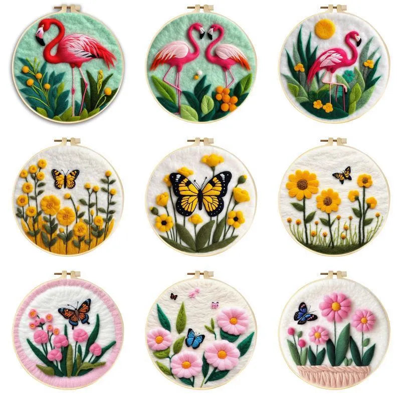 Round 3D floral embroidery kit on 20x20cm linen with wool felt and free frame