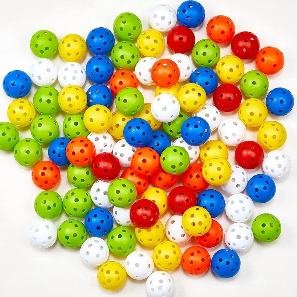 Six-colour golf practice balls in net pocket, each measuring 42mm diameter