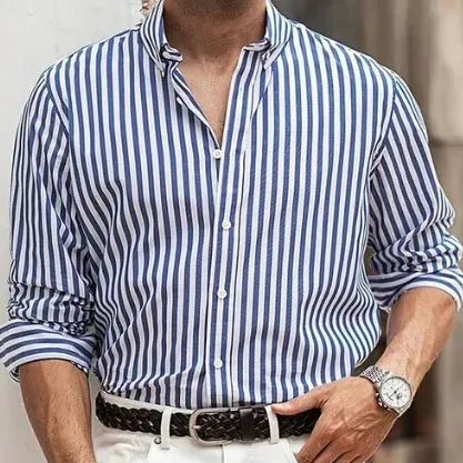 Men's loose fit striped casual button shirt in cardigan style with long sleeves