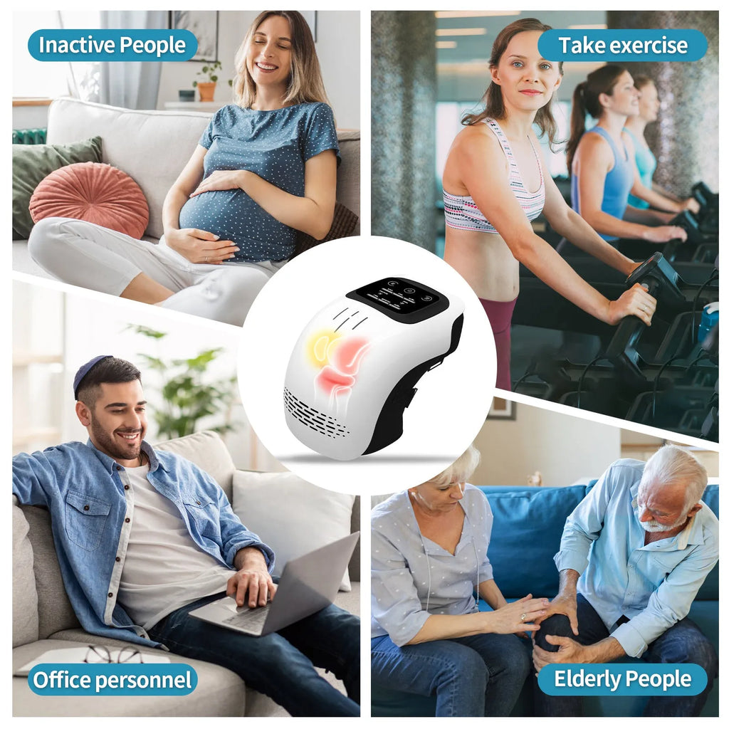 White intelligent electric knee massager with adjustable straps, showing control panel for heat and vibration settings.