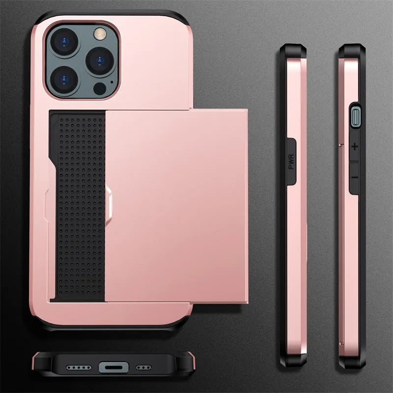 Mobile phone case with sliding cover card holder in matte finish, showing raised lips for screen protection