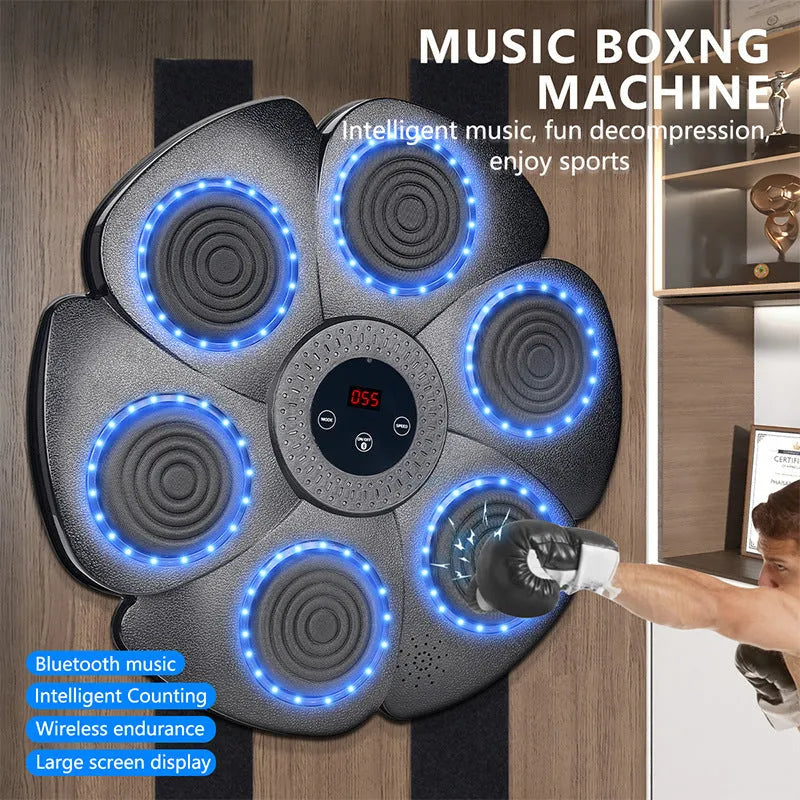 Black smart boxing target mounted on wall with Bluetooth connectivity and light feedback system