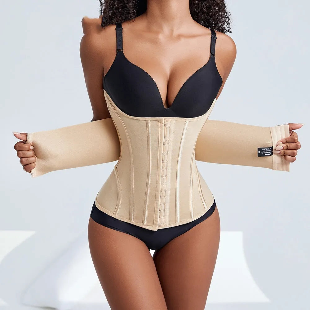 Adjustable nylon belly band for waist training in black or apricot colour with tie closure