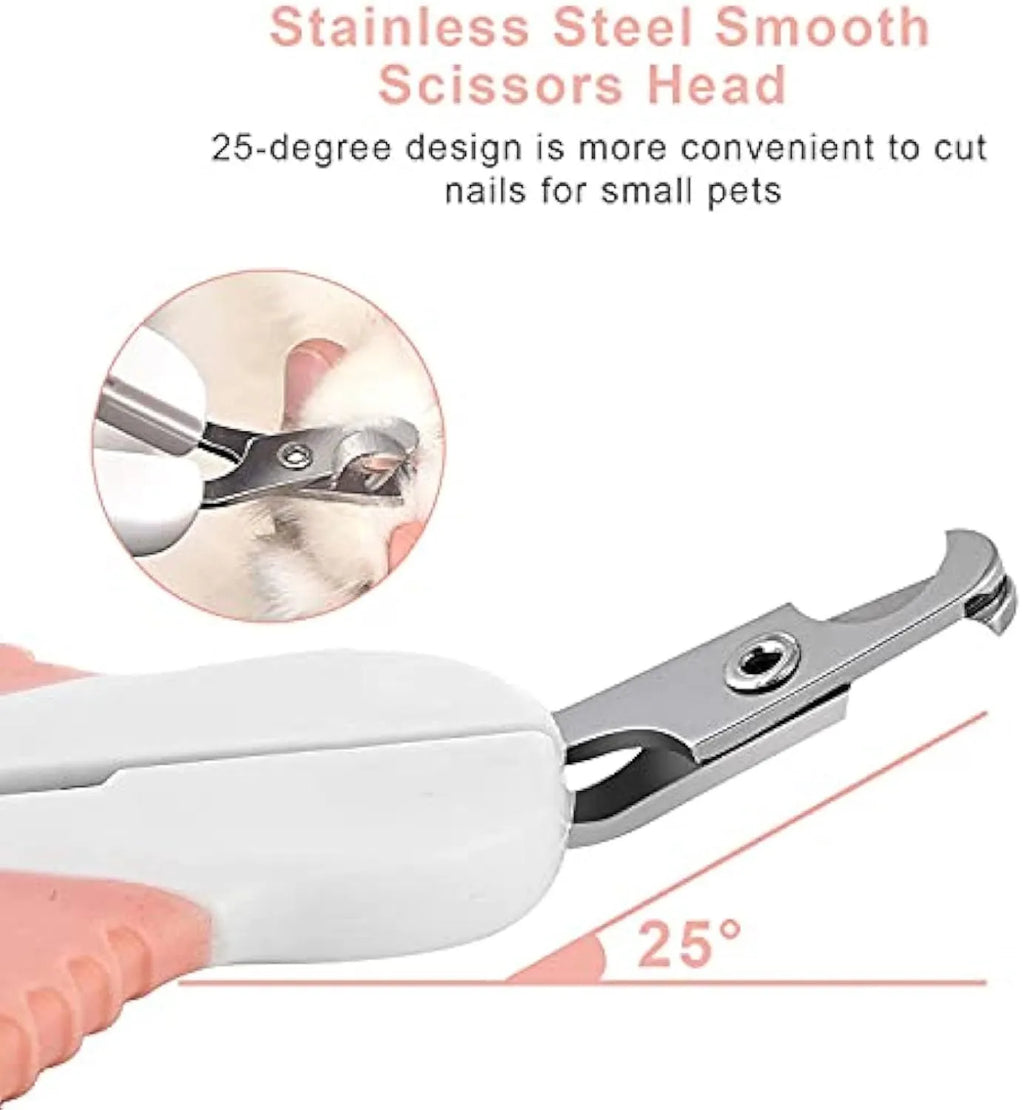 Grey and pink cat nail clippers with angled stainless steel blade and safety guard for pet grooming