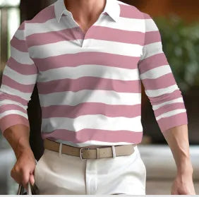 Man wearing a loose-fitting retro style long sleeve pullover top in a solid colour.