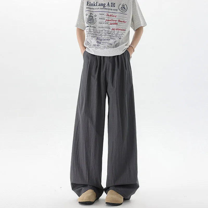 Men's wide-leg high-waist casual trousers in thin polyester blend, straight-leg drop fit, sizes M to 8XL, nine colours