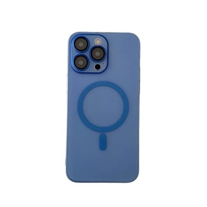 Ice Mist coloured frosted magnetic all-inclusive case for iPhone on a MagSafe charger