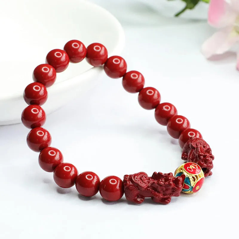 Cinnabar Double Pixiu Women's Bracelet with carved design and purple gold sand double leather show detailing