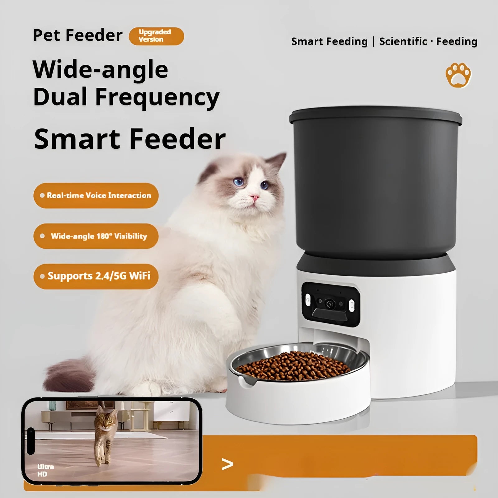 4 litre capacity smart pet feeder with WiFi and optional rotatable camera on a kitchen counter