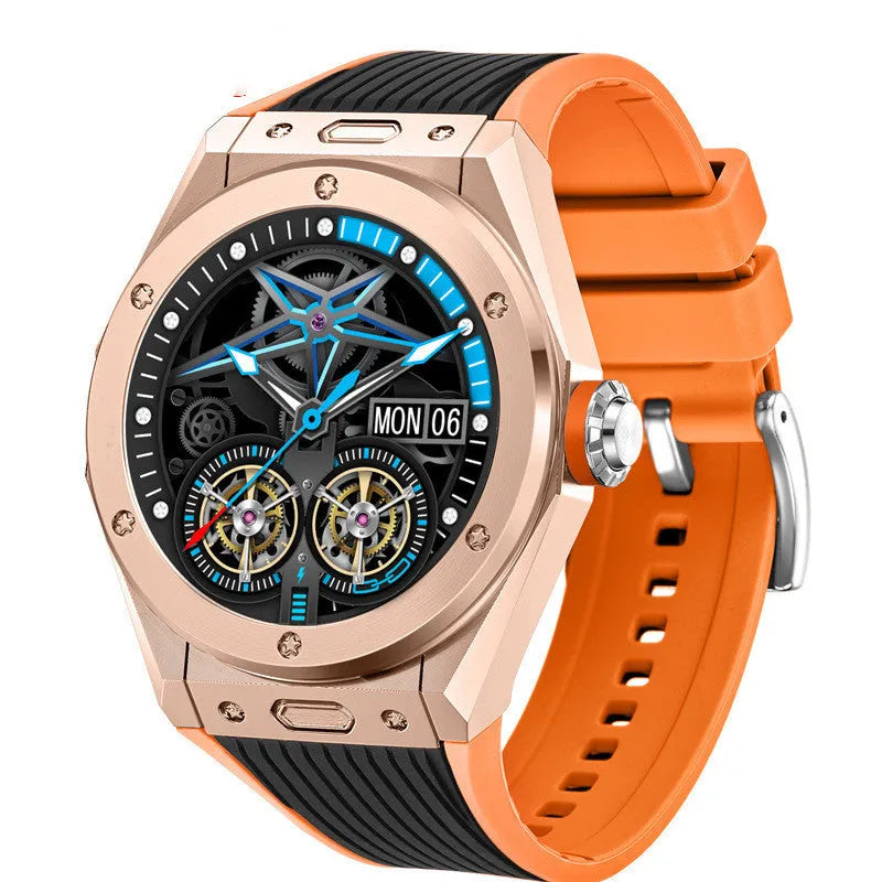 MV58 black smart watch with silicone strap showing heart rate monitoring on its screen.