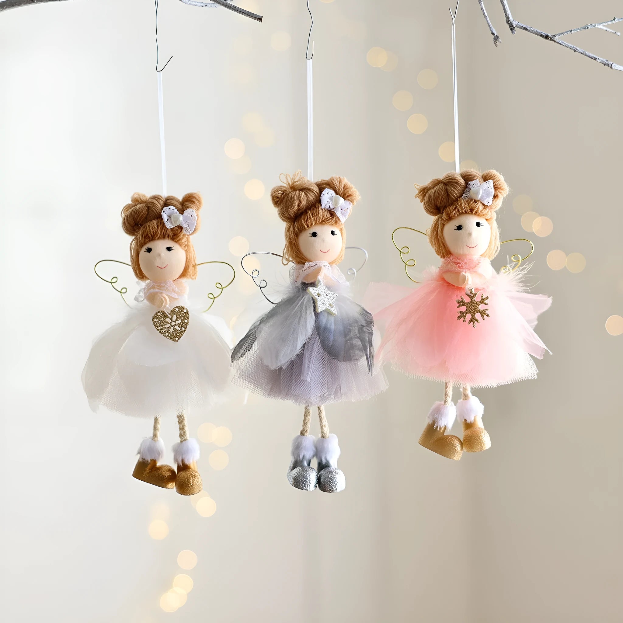 White Christmas tree ornament with mesh angel girl and snowflake pendant cartoon design