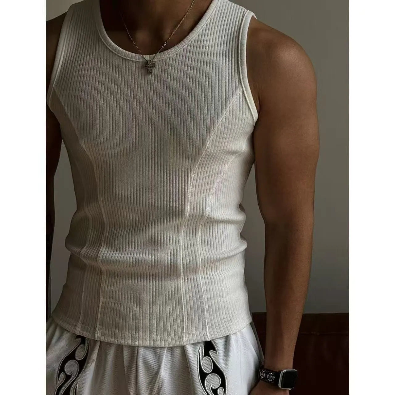 Men's black tight-fitting I-shaped polyester sports vest on a white background