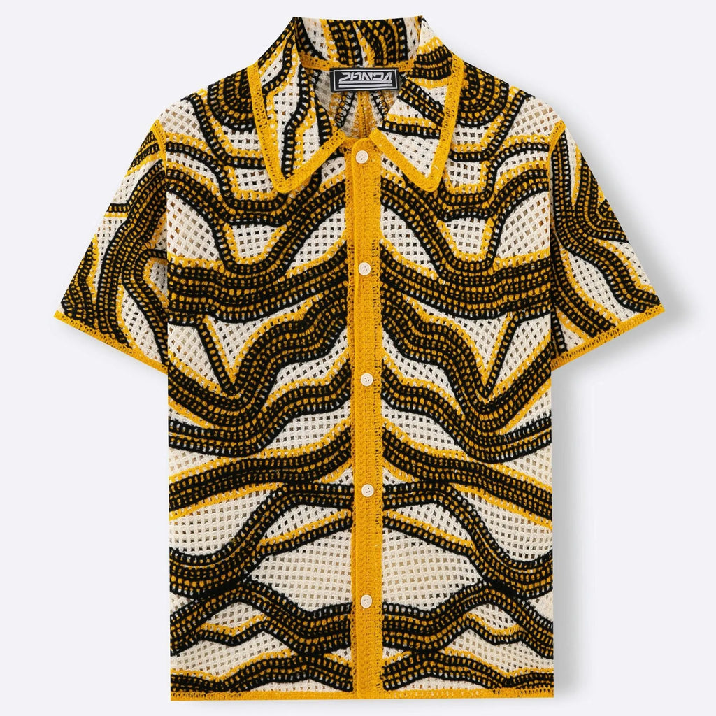 Khaki coloured short sleeve cardigan with thin striped texture and flocking detail on a hanger.
