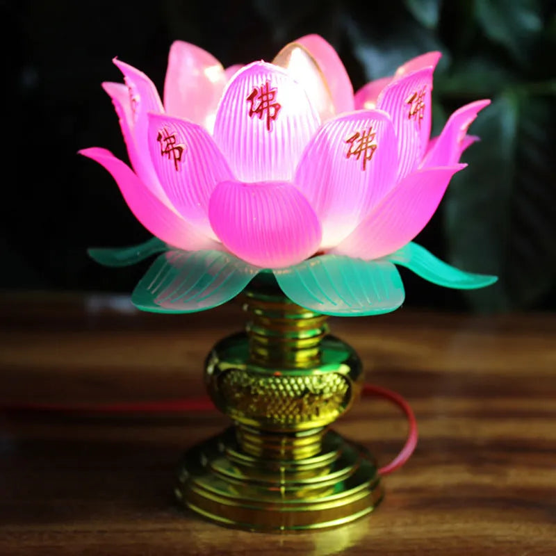 Buddha worship lamp with lotus design and colourful light, plug-in electric altar light