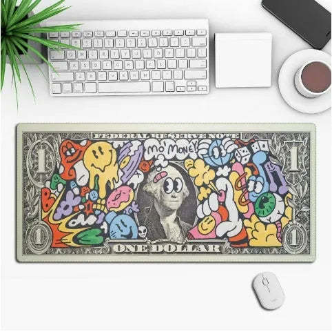Anime pattern gaming mouse pad with non-slip rubber base in multiple size options on desk