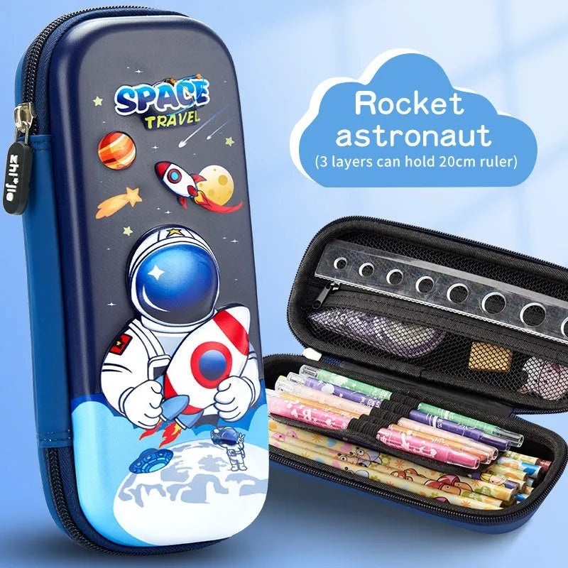 3D leather pencil case with zipper closure showing decorative space theme design