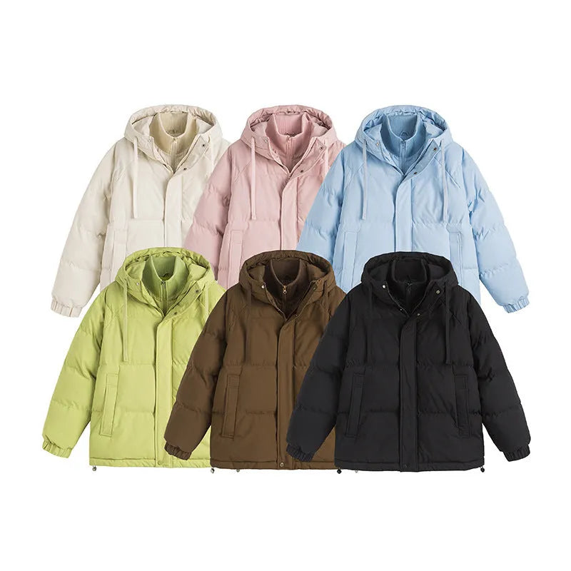 Winter two-piece cotton-padded coat in loose fit with side seam pockets, available in six colours like mustard yellow and light blue.