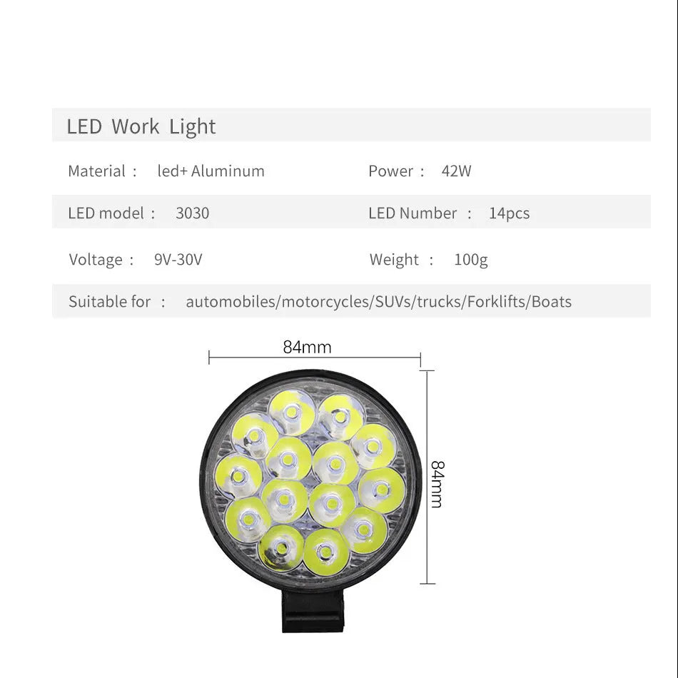White mini round aluminium LED work light with IP67 rating for vehicle use.