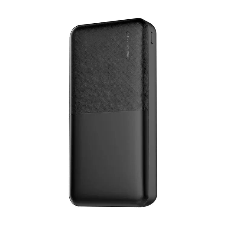 Black and white 20000 mAh power bank showing front view with USB ports