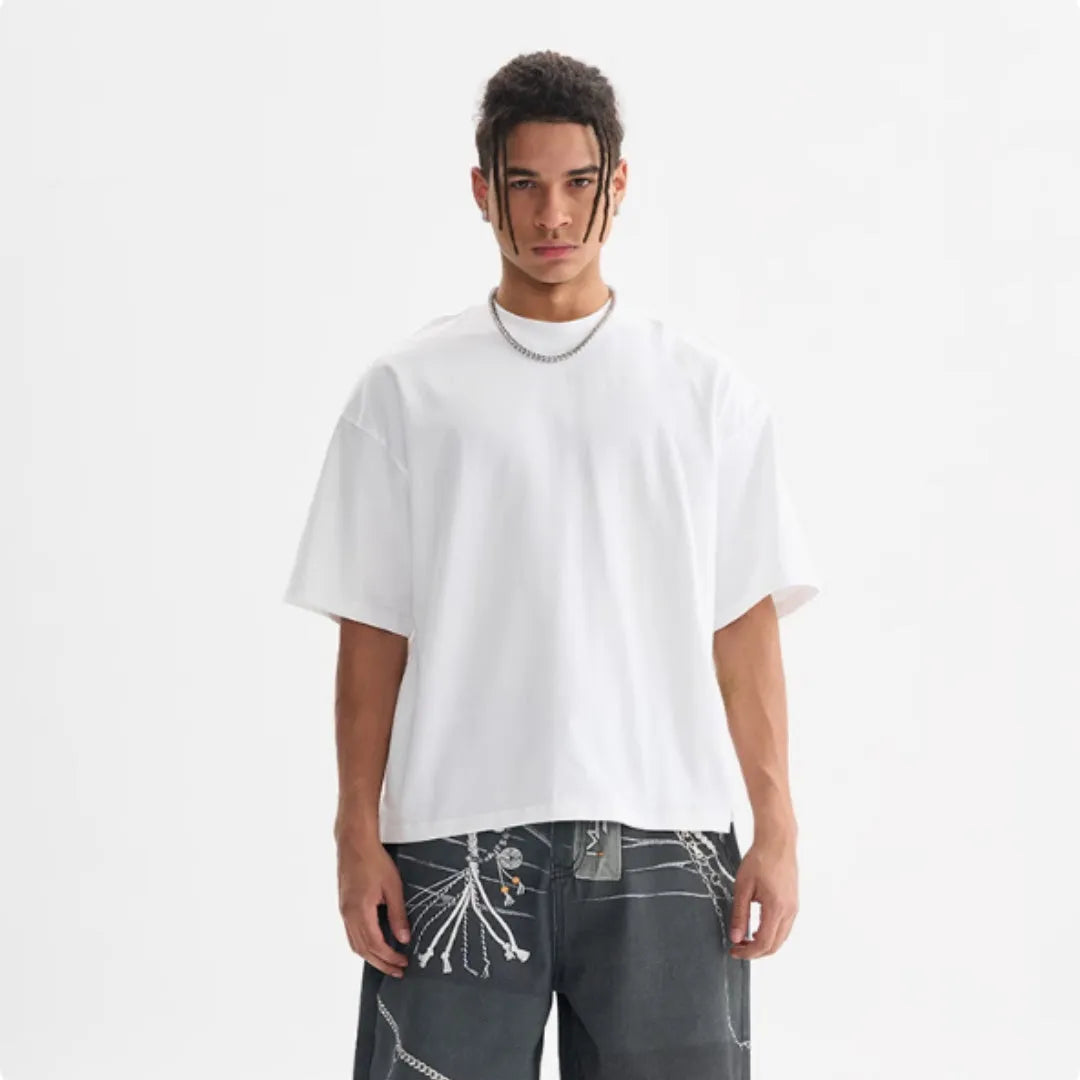 American style loose fit pure cotton T-shirt in apricot colour with short sleeves, showing drape of 240g fabric