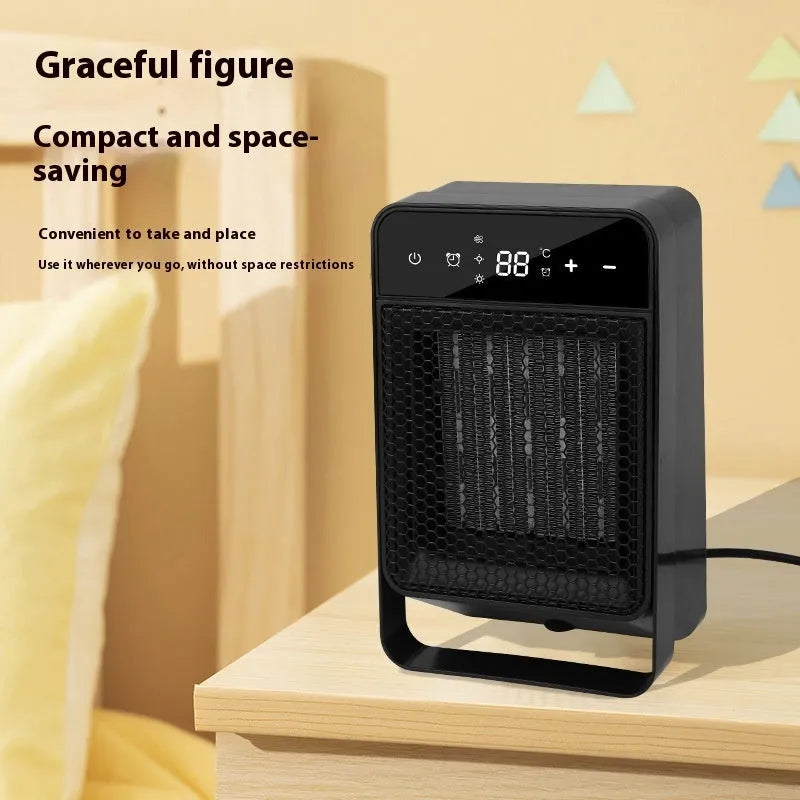 Black desktop warm air blower with touch screen display and remote control on wooden desk