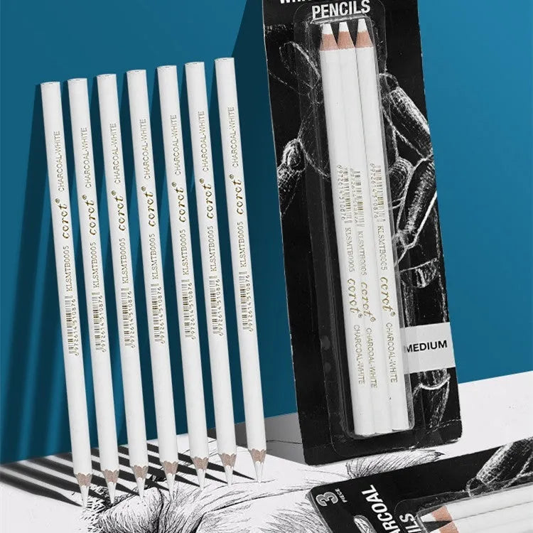 White charcoal pencil set with three wooden pencils and 144 refill leads for drawing on dark paper.